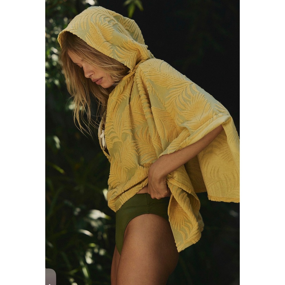 Free People Terry Cloth Beach Poncho OS Yellow Palm Leaf Hooded Boho Coverup